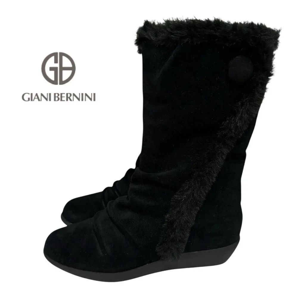 New Giani Bernini Women's Sicilia Black Suede Leather Faux Fur Boots 6.5